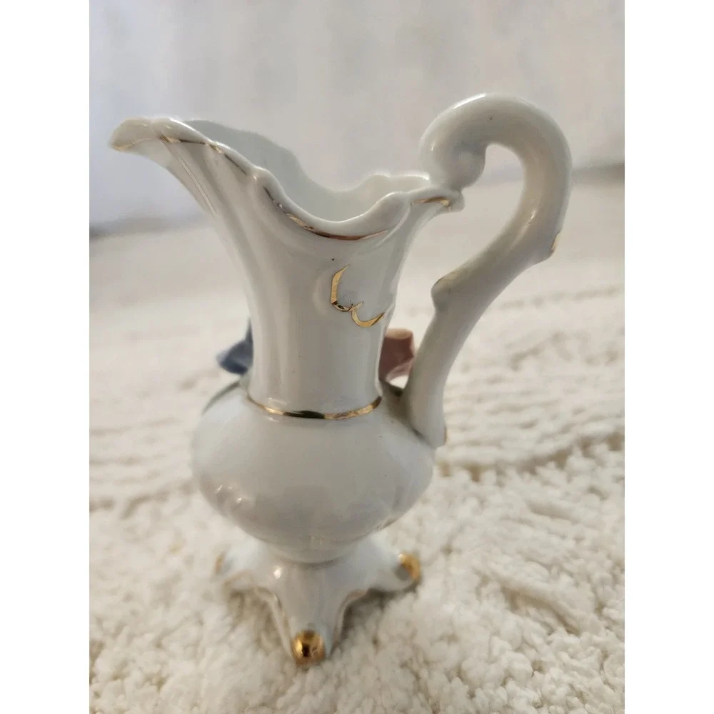 Vintage Mini Porcelain Pitcher Vase Applied Pink Blue Roses Gold Trim Made...